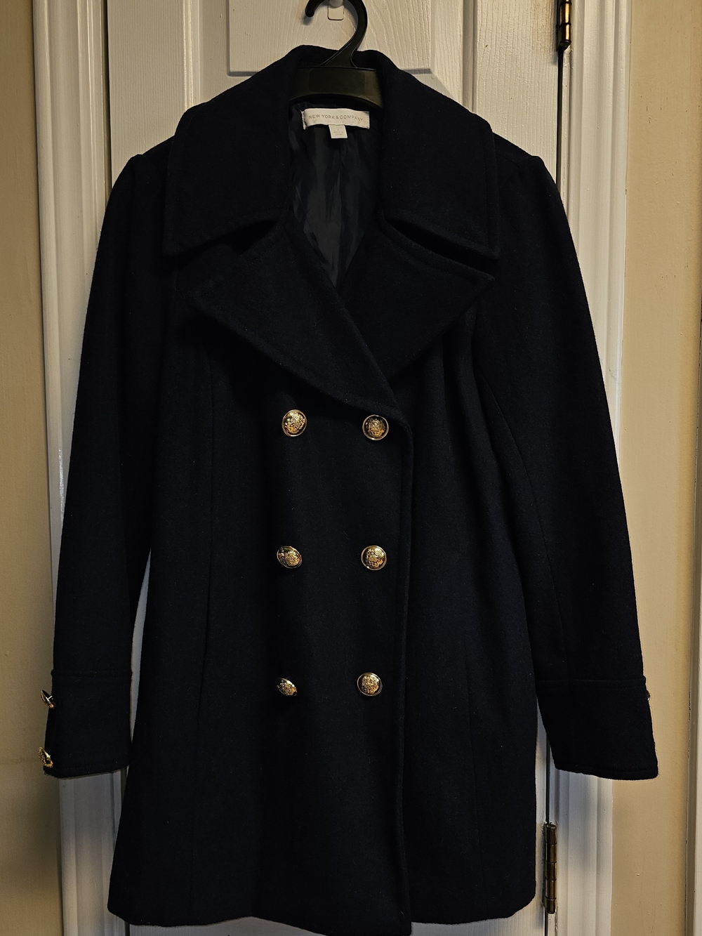 New York & Company Navy Pea Coat with Gold Buttons